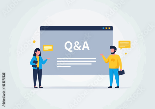 Two people standing in front of a large screen displaying qa, representing a question and answer session or frequently asked questions