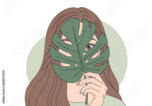 A woman hiding her face behind a large green monstera leaf, with only her eye visible, in a minimalist illustration style