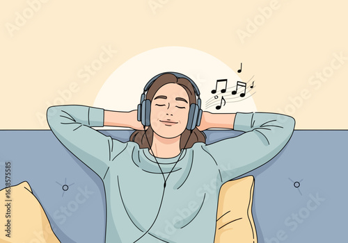 Woman with headphones on, eyes closed and smiling, enjoying music while relaxing on a couch with pillows, conveying peace and contentment