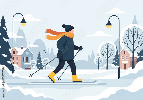 Person cross country skiing through a snowy village with streetlights and trees in the background on a winter day