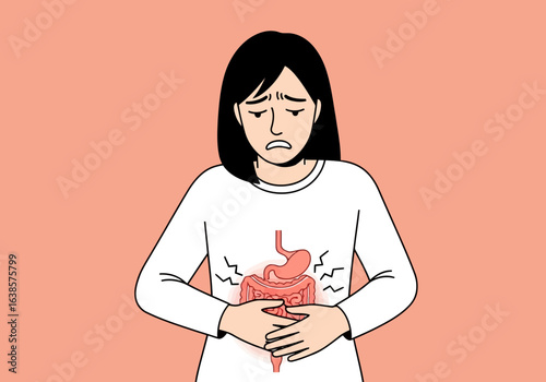 Woman holding her stomach in pain, illustrating digestive issues and gastrointestinal discomfort, with a stylized internal organ visible