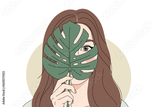 Closeup portrait of a young woman holding a large green leaf, partially covering her face, evoking a sense of mystery, natural beauty, and hidden secrets