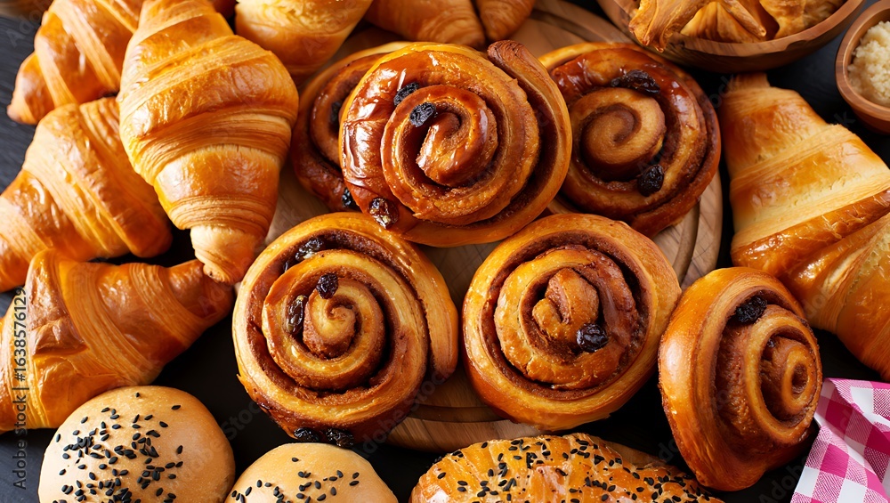 Fototapeta premium Assortment of freshly baked croissants and cinnamon rolls