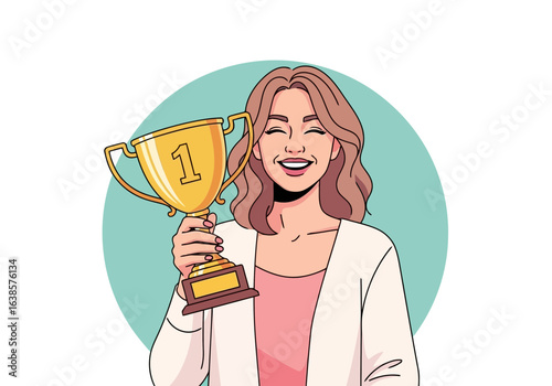 Happy woman holding a golden trophy with number 1, celebrating her victory and success in a competition, isolated on white background