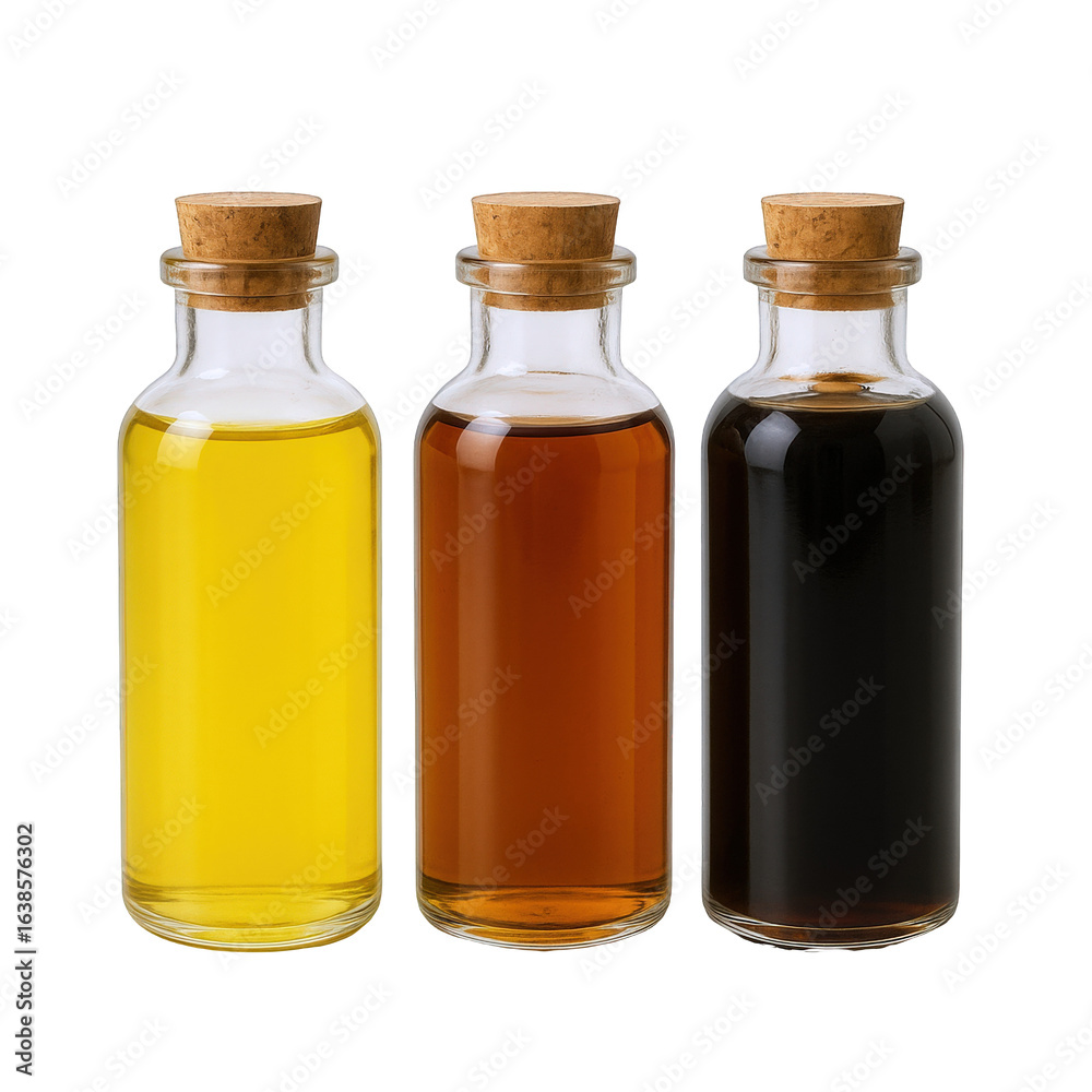 Three glass bottles with cork stoppers containing golden yellow, amber, and dark brown liquids, isolated on black. Three glass bottles with cork stoppers containing golden yellow, amber, and dark brown liquids, isolated on black.