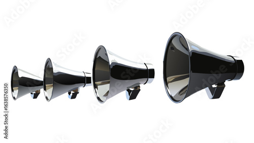 Shiny megaphone announcement communication bullhorn loudspeaker public address system alert broadcast message 100 char