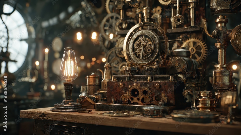 Fototapeta premium Steampunk clockwork workshop interior, gears, lights, invention