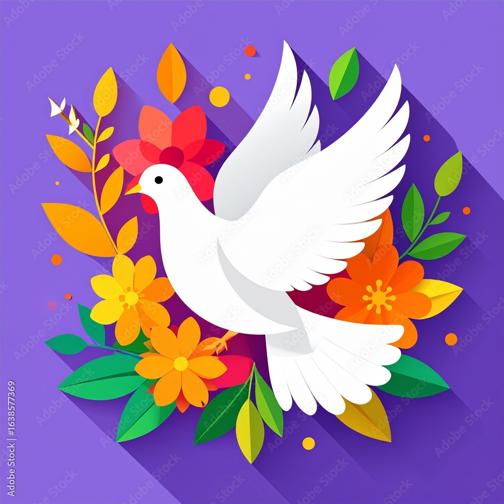 Fototapeta premium Minimalist illustration of a white dove holding two arrows surrounded by vibrant flowers and foliage