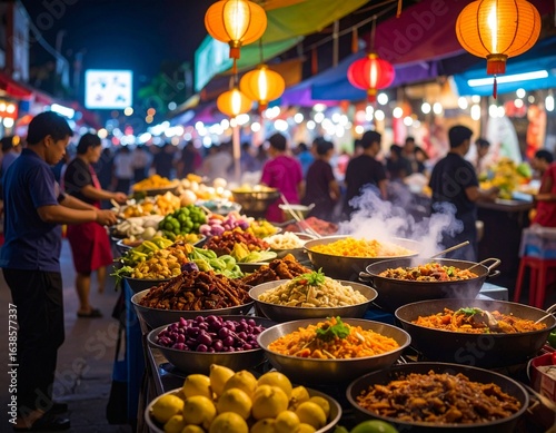 Vibrant night street market in Bangkok with neon lights and delicious Thai food vendors