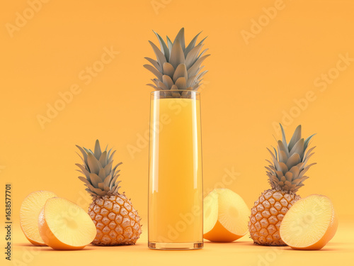 Fresh Pineapple Juice in Glass. Tropical Pineapple Juice with Slices. Exotic Pineapple Juice and Whole Pineapple. Summer Pineapple Juice Drink