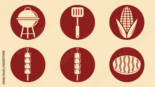 Barbecue Grill And Food Icons In Circles On Light Background Keywords: barbecue, grill, corn, spatula
