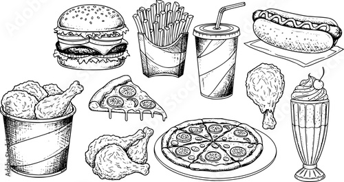 Fast food and snacks icons set. Collection of simple line art icons representing various Fast food and snacks items burger, hot dog, pizza etc vector. Icon illustration isolated on white background
