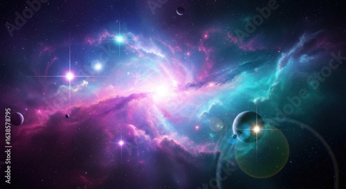 Vibrant Cosmic Nebula with Distant Planets and Stars