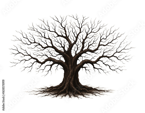 Detailed illustration of an ancient gnarled oak tree with intricate branches and roots isolated on transparent background