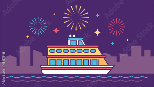 Ferry Boat Sailing at Night with Fireworks and City Skyline water