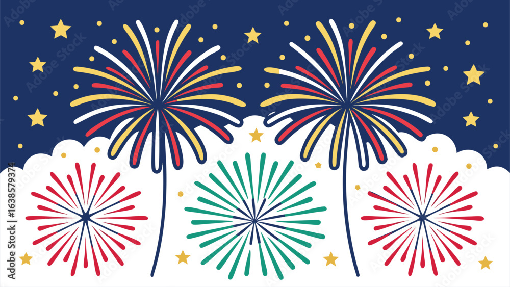 Festive Fireworks Display with Stars and Clouds on Dark Blue Background celebration night Festive Fireworks Display with Stars and Clouds on Dark Blue Background celebration night
