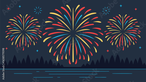 Festive Fireworks Over Water and Forest Silhouette at Night celebration explosion