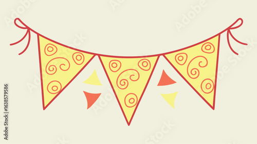 Festive Yellow Bunting Flags with Red Swirls and Ribbons party celebration