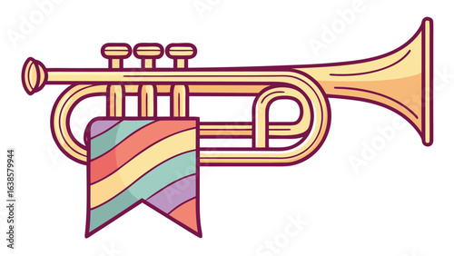 Golden Trumpet with Festive Striped Banner Decoration musical instrument brass instrument