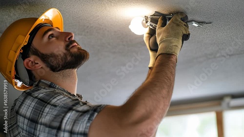 A dedicated worker, wearing safety gear, focuses on installing a ceiling light fixture while ensuring precision and safety in a cozy indoor setting.