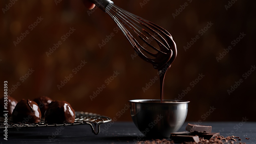 Fototapeta premium Whisking rich dark chocolate sauce over a small dark bowl with cakes in background