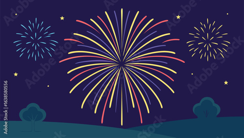 Multi- Colored Fireworks Bursting in a Starry Night Sky celebration landscape
