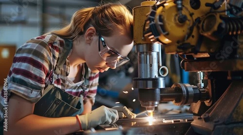Young woman operates machinery in industrial workshop for skill development