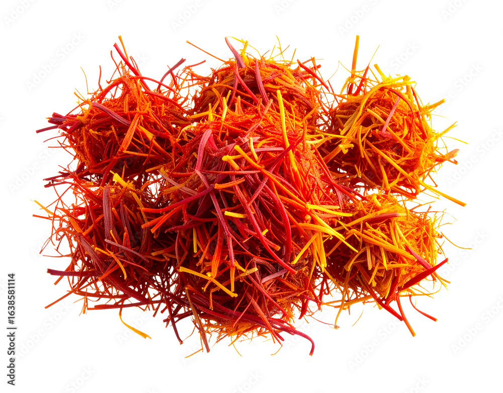 Fototapeta premium A pile of vibrant red saffron threads with delicate orange stigmas isolated on transparent background