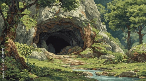 Pixelated scene of a cave entrance in a lush landscape with stream