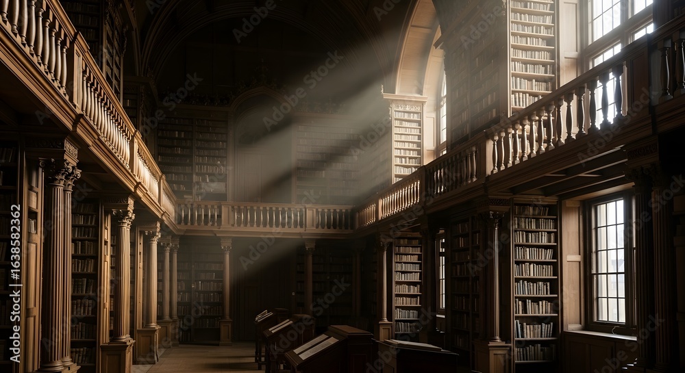 Fototapeta premium Interior view of a large library with wooden bookshelves and sunlight streaming through the windows