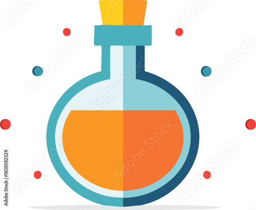 Flat design round potion bottle with orange liquid and stopper