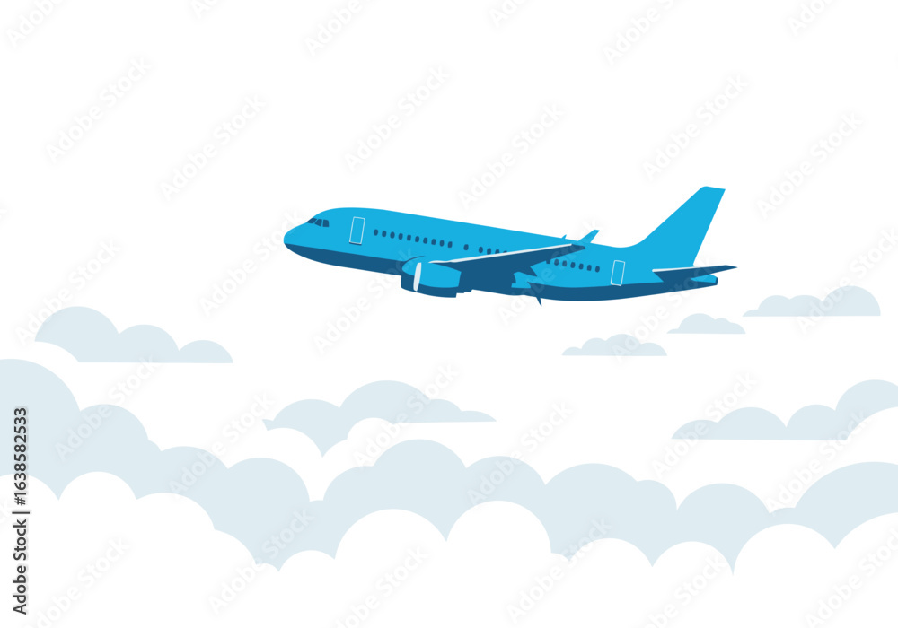 Obraz premium Blue Passenger Airplane in Flight Above Clouds.