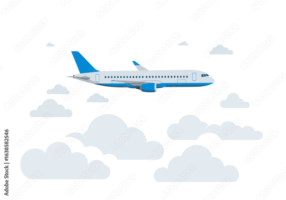 Fototapeta premium Grey and Blue Passenger Airplane in Flight Above Clouds.