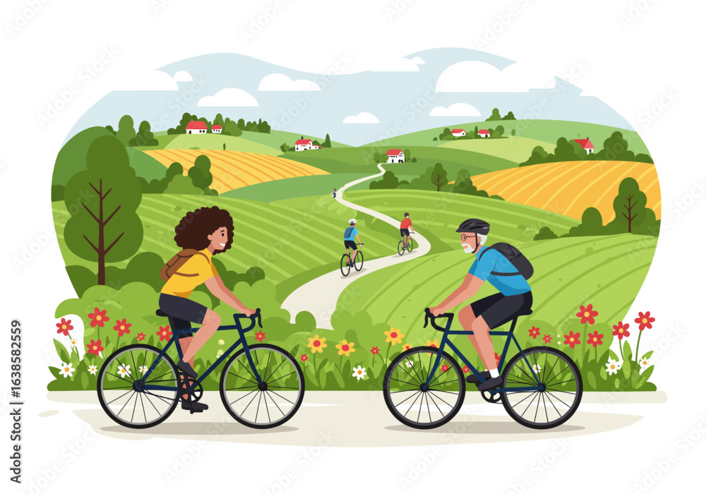 Naklejka premium Couple Cycling Through Rolling Hills and Farmland.