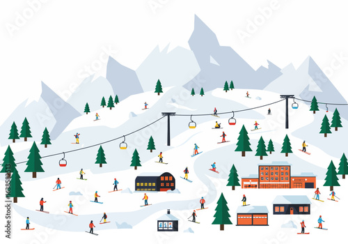 Ski Resort Winter Scene with Skiers Chairlift and Mountain Landscape.