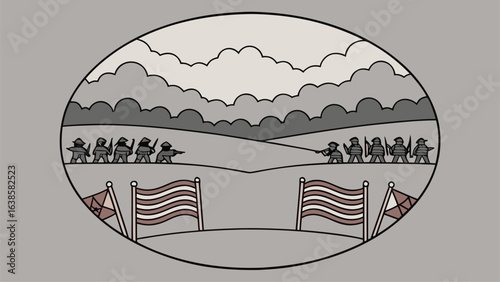 Stylized Oval Illustration of a Civil War Battle Scene with Flags soldiers