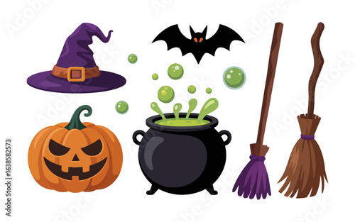 Vector illustration of halloween witch elements including pumpkins cauldron and broomsticks