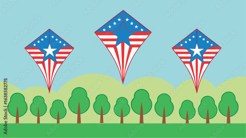 Fototapeta premium Three American Flag Kites Flying Over Green Hills And Trees freedom celebration