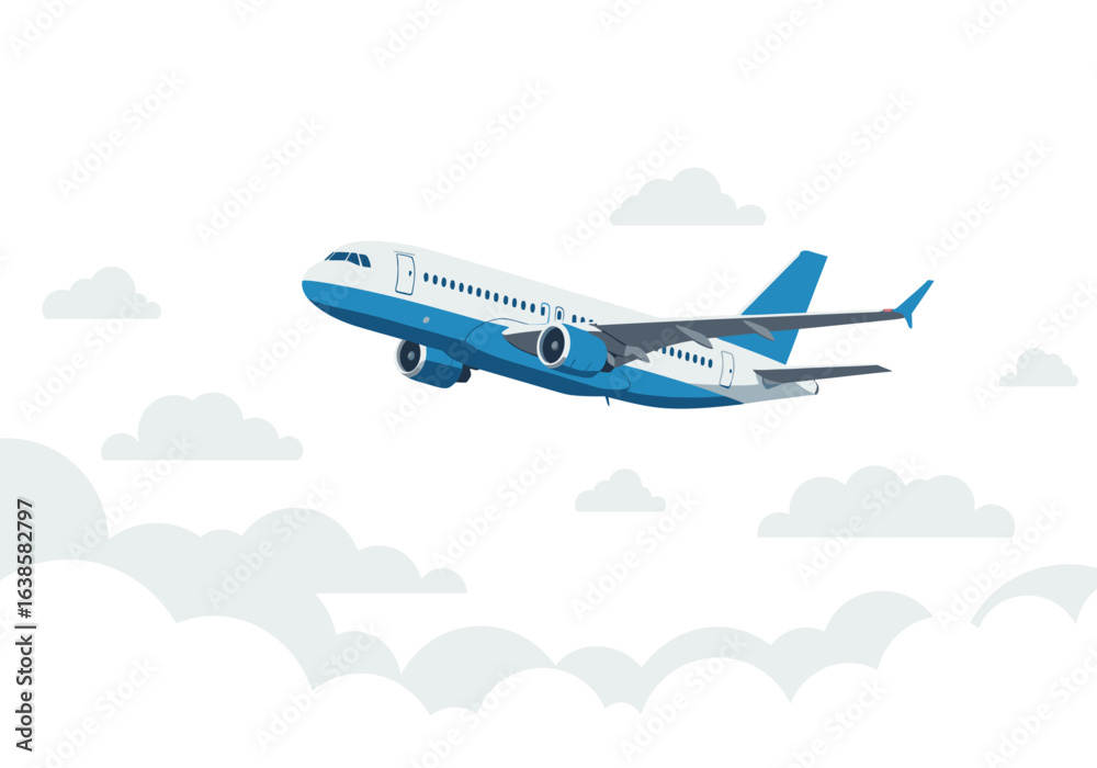 Blue and White Passenger Airplane in Flight Above Clouds. Blue and White Passenger Airplane in Flight Above Clouds.