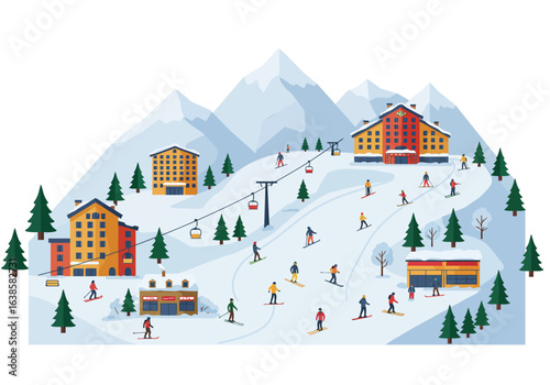 Ski Resort Village in Snowy Mountains with Skiers and Chairlift.