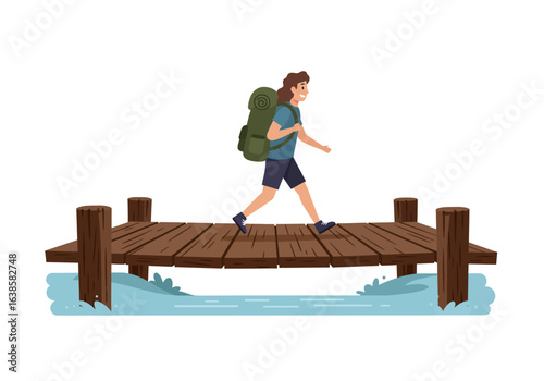 Happy Backpacker Walking on Wooden Dock Over Water.