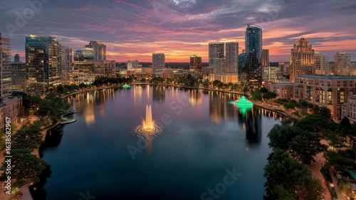 Lake Eola Park Orlando sunset cityscape skyscrapers fountain lights, 4k video footage