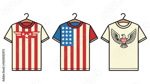 Three T- Shirts Displaying American Patriotic Graphics on Hangers t-shirts