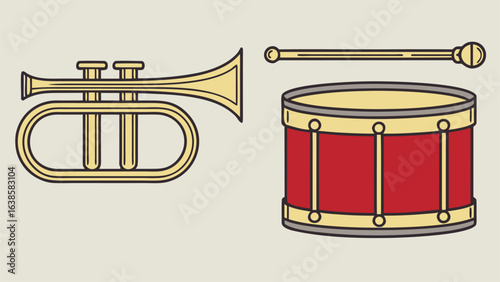 Trumpet and Drum with Drumstick for Musical Performance or Parade instrument brass