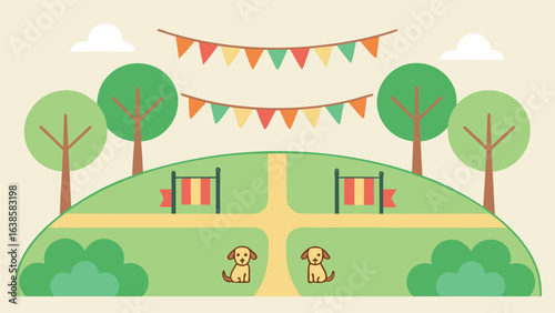 Two cute puppies sitting on a grassy hill with flags and bunting dogs pets