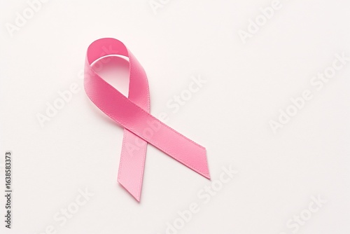 Minimalist photo of a pink ribbon on a clean white background, representing breast cancer awareness, prevention, and support. Perfect for health campaigns, medical organizations, and October Pink.