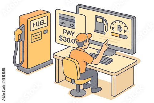 Modern isometric gas station payment system with fuel pump and attendant