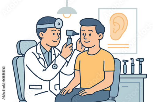 Doctor examining patient's ear in medical office with equipment