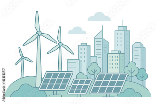 Futuristic eco city with renewable energy sources in linear design