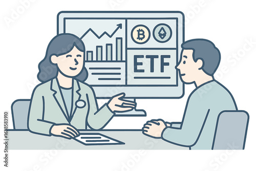 Financial advisor discussing etfs and cryptocurrency in a modern office setting